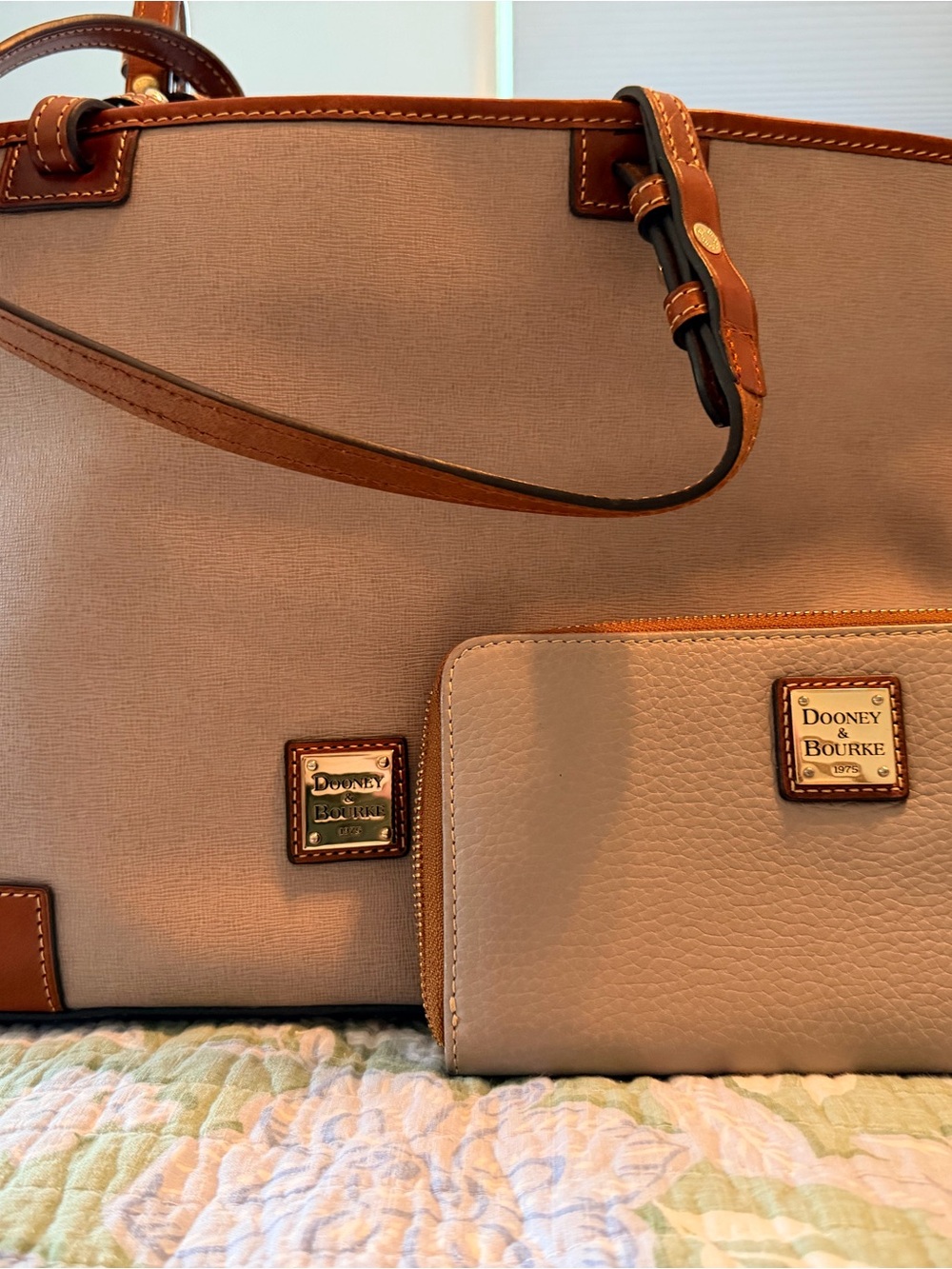 Dooney & Bourke Beige Tote with Brown Leather Trim and Matching Wallet